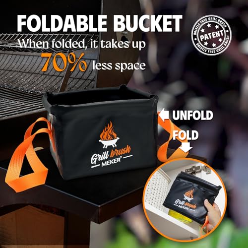 7Pcs Grill Brush Bristle Free with Collapsible Bucket for Grill Cleaning | Grill Cleaner Brush with Durable Foldable Water Tank, Portable Outdoor Grill Bucket, Dunk Tank, Black
