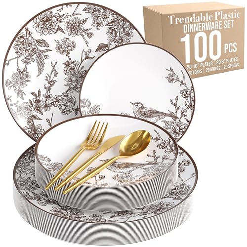 Trendables Fancy Plastic Dinnerware Sets 100 Pc Set 20 Guests Gold Silverware Disposable 20 X 10 Inch Charger Plates 20 X 8 Inch Dessert Plates 20 x Gold Plastic Forks and Spoons Knives In Rustik - color: Rustik