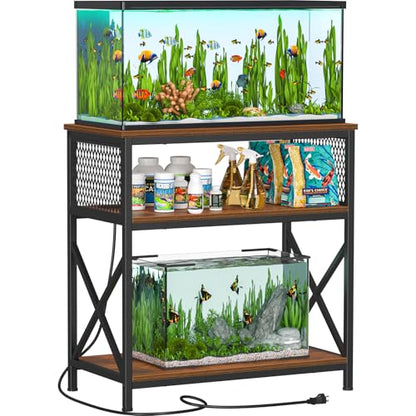 Snughome 29 Gallon Aquarium Stand with Charging Station, Heavy Duty Fish Tank Stand with Storage Cabinet, Metal Aquarium Stand Fits 20 Long, 29 & 30 Gallon Tanks, 350 LBS Capacity, Rustic Brown - color: Brown With Outlet, size: 29 Gallon