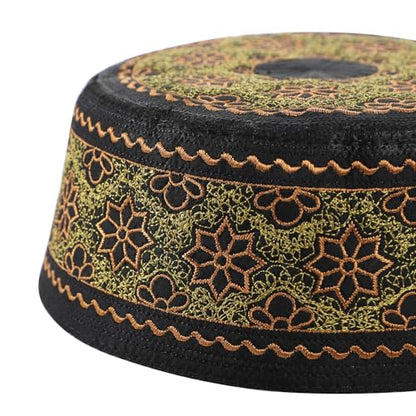 Muslim Prayer Kufi Hat Men Islam Skull Embroidery Cap Beanie Hat Arabian Omani Turkish Prayer Headwear Eid Gift - color: Orange Flower
