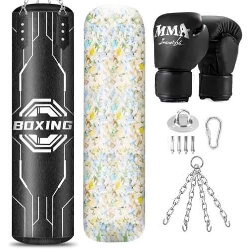 Filled Punching Bag for Adults, 4FT PU Leather Hanging Boxing Bag with 11lb Sponge Filler & 12OZ Boxing Gloves, Heavy Kicking Bag Boxing Equipment for MMA Training Karate Kickboxing - style: Octagon