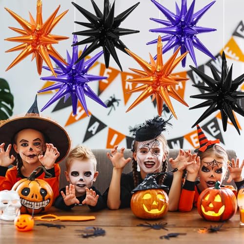 Black Orange Purple Star Balloons, 6PCS 22 Inch Foil Explosion Star Balloon - color: Black Orange Purple