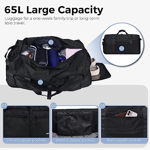 Fmeida 65L Duffle Bag with Shoes Compartment, Foldable Travel Duffel Bags for Men Women, Large Packable Travel Bag Water Repellent & Tear Resistant (Black) - color: Glossy Black