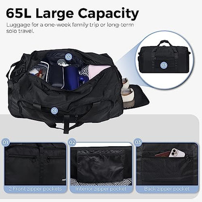Fmeida 65L Duffle Bag with Shoes Compartment, Foldable Travel Duffel Bags for Men Women, Large Packable Travel Bag Water Repellent & Tear Resistant (Black) - color: Glossy Black