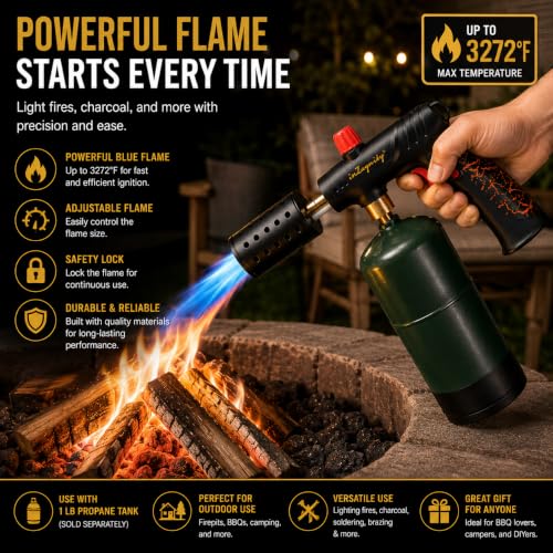 inZaynity® Propane Torch Gun for Grill & BBQ - High Power Handheld Blow Torch with Adjustable Flame & Safety Lock - Portable Fire Starter for Cooking, Searing,Charcoal & Outdoor Use(Tank Not Included)