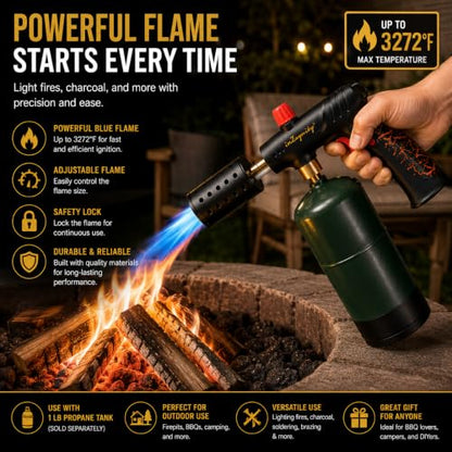 inZaynity® Propane Torch Gun for Grill & BBQ - High Power Handheld Blow Torch with Adjustable Flame & Safety Lock - Portable Fire Starter for Cooking, Searing,Charcoal & Outdoor Use(Tank Not Included)