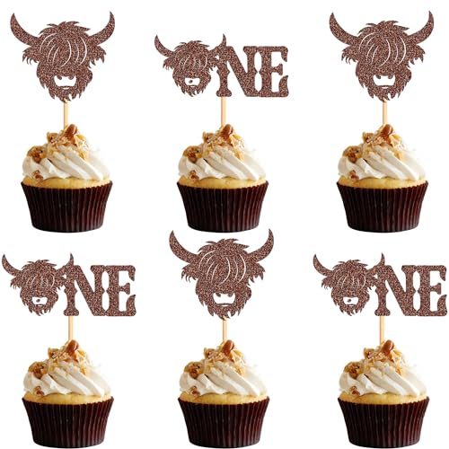 Ercadio 24 Pack Highland Cow One Cupcake Toppers Glitter Farm Animals Brown Highland Cattle Cake Picks Gender Reveal Theme Baby Shower Kids Boys Girls Birthday Party Cake Decorations Supplies - color: Cow Brown-1