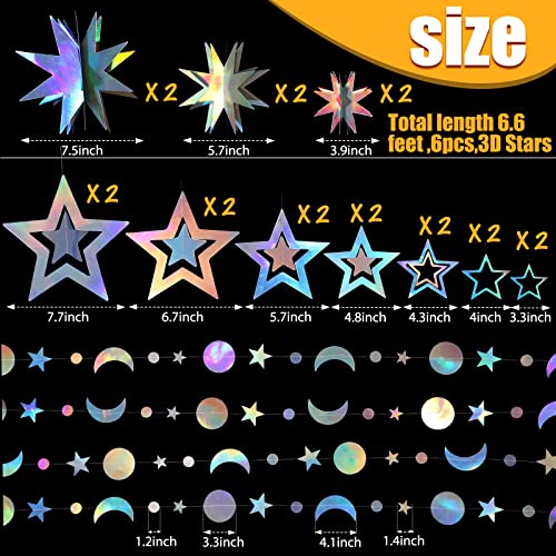 7 Pcs Iridescent Star Moon Garland Party Decorations Kit Hanging 3D Twinkle Little Star Streamer Bunting Banner Backdrop for Holiday Baby Shower Birthday Supplies