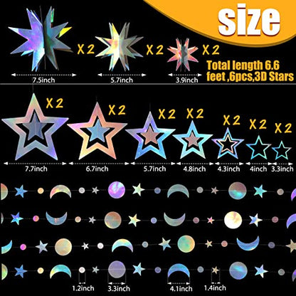 7 Pcs Iridescent Star Moon Garland Party Decorations Kit Hanging 3D Twinkle Little Star Streamer Bunting Banner Backdrop for Holiday Baby Shower Birthday Supplies