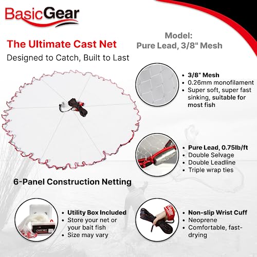 Cast Net, Lead, 3-12ft Radius, 3/8 and 1/4 in Mesh, for Bait Fish | Stainless Steel Swivel, Neoprene Wrist Strap, Repair Kit Included, Storage Box Included - size: 10ft Radius, 3/8" Mesh