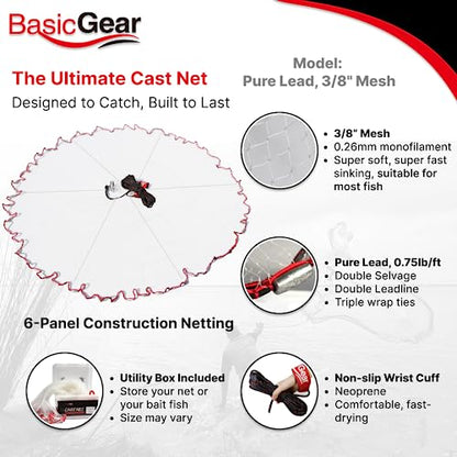 Cast Net, Lead, 3-12ft Radius, 3/8 and 1/4 in Mesh, for Bait Fish | Stainless Steel Swivel, Neoprene Wrist Strap, Repair Kit Included, Storage Box Included - size: 10ft Radius, 3/8" Mesh