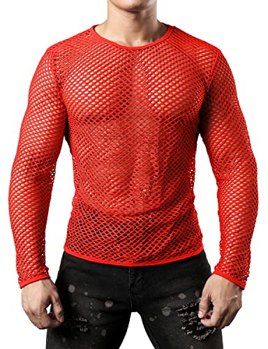JOGAL Mens Fishnet Mesh Long Sleeve Shirt Fitted Muscle Top - color: Red, size: XX-Large
