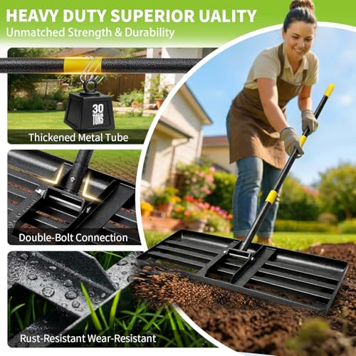 Lawn Leveling Rake, 6 FT Ground Lawn Leveler with 30 x 10 Wide Large Rakes Head for Smooth Garss Soil Dirt Sand, High Effect Yard Leveling Tool with Round Edge forGarden Golf Course, No Flip - style: 6 FT