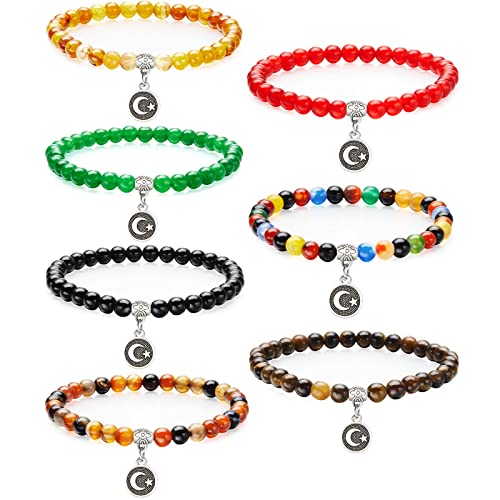 Jadive 7 Pcs Islamic Tasbih Prayer Beads Muslim Bracelets 33 Bead 6mm Round Bead Misbaha and Tasbih Bracelet Muslim Rosary Jewelry for Women Islam Gifts Religion Eid Ramadan Gift