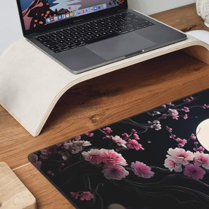 XXL Gaming Mouse Pad 35.4x15.7 Inch, Large Extended Desk Mat | Cherry Blossom Design, Non-Slip Rubber Base, Water-Resistant Surface and Stitched Edges for Gaming, Office & Home - color: Cherry Blossom Moon