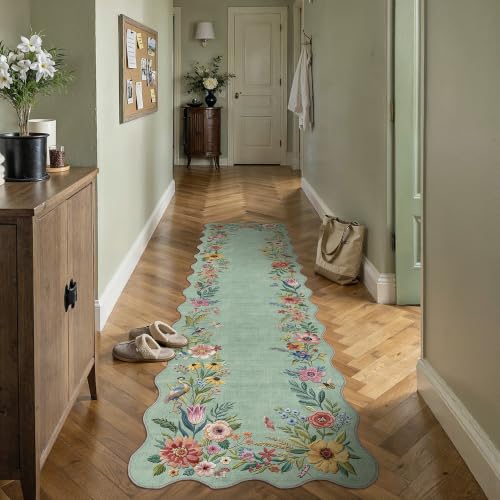 2x8 Floral Green Scalloped Runner Rug - color: Green, size: 2' x 8' (Scalloped)