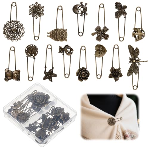 Zeyune 15 Pcs Large Decorative Safety Pins 2×1.38", Vintage Alloy Brooches