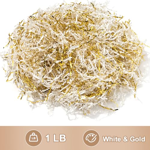 Wowxyz 1 LB Crinkle Cut Paper Shred White & Gold Crinkle Shredded Paper for Gift Baskets - Gift Box Bag Filler - Confetti Stuffing for Birthday, Holiday Present Packaging Wrapping - color: White and Gold