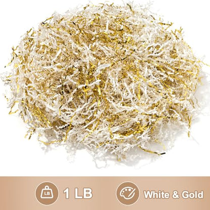 Wowxyz 1 LB Crinkle Cut Paper Shred White & Gold Crinkle Shredded Paper for Gift Baskets - Gift Box Bag Filler - Confetti Stuffing for Birthday, Holiday Present Packaging Wrapping - color: White and Gold