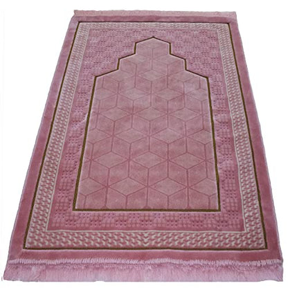 Modefa Turkish Islamic Velvet Prayer Rug - Thick & Wide Soft Praying Carpet for Men & Women - Double Plush Large Janamaz - Eid & Ramadan Gift - with Kufi, Beads & Car Hanger - Geometric Noor (Pink) - color: Pink
