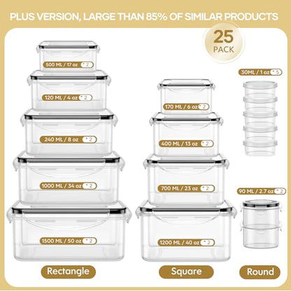 HOMETALL 50 Piece Food Storage Containers with Lids Airtight | 100% Leakproof Plastic Meal-Prep Containers Reusable(25 Containers & 25 Lids),Microwave and Dishwasher Safe - color: Pack of 25