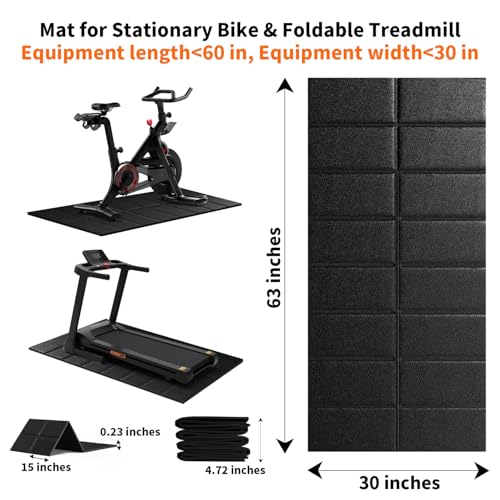 Mat for Exercise Bike Treadmill Walking Pad on Carpet 63x30,Compatible with Peloton, 1/4" Indoor Bike Trainer Mat for Hardwood Floors, Spin Stationary Bike, Equipment Stability, Noise Shock Absorption - size: 63"L x 29.5"W x 0.24"Th