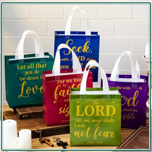 HunnmingRe Christian Gift Bags Bulk, Reusable Flower Religious Bible Verse Tote with Handles Non Woven Scripture Pastor Blessing Gift for Baptism Church Wedding Favors(32 Pcs,Mixed) - style: Mixed