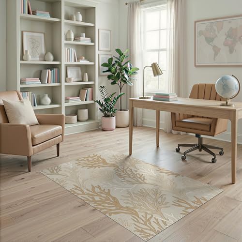 4'x6' Beige Beachy Ocean Coral Design Washable Area Rug | Rustic Marine Botanical Aesthetic for Home Office, Under Desk, Non-Slip Chair-Friendly, Flatwoven - color: Beige/Pattern 26, size: 4' x 6' (Rectangular)
