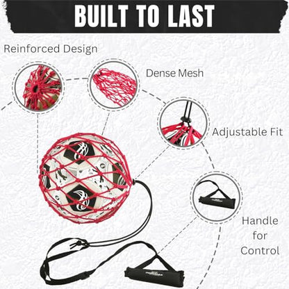 PodiuMax Handle Solo Soccer Kick Trainer with New Ball Locked Net Design, Soccer Ball Bungee Elastic Training Juggling Net (Fits Ball Size 3, 4, 5) - color: Red