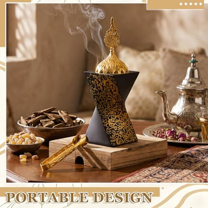 Zonon 2 Pcs Resin Incense Burners Bakhoor Burner with Tongs Charcoal Frankincense Censer Middle Eastern/Islamic Style Decorative for Yoga Spa Aromatherapy Meditation Office Home Decor (Black Gold)