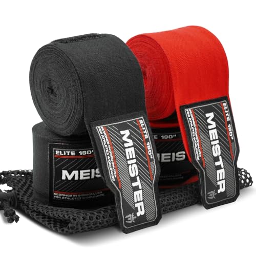 'Meister Elite 180'' Premium Adult Hand Wraps for MMA & Boxing - 2 Pair Pack w/Mesh Bag' | Premium double-woven elastic blend, maximum wrist support and knuckle protection for boxing, MMA and Muay Thai - color: Black & Blood Red