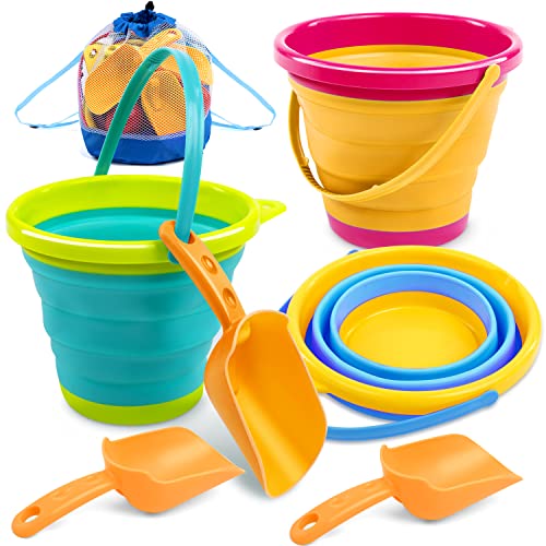 JOYIN 3 Packs Foldable Pail Bucket with Shovels & Mesh Bag, Collapsible Buckets Multi Purpose for Beach, Camping Gear, Beach Party, Fishing, and Fun Summer Activities (Yellow/Blue/Green) - color: Yellow/Blue/Green