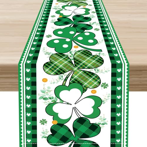 St.Patrick's Day Table Runner, Mode Green Clover Buffalo Plaid Shamrocks Eucalyptus Spring Summer Party Decorations and Supplies for Home Kitchen Table 13x36 inch - color: Clover-1, size: 13x36" Table Runner