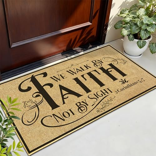 Christian Door Mat Welcome Rugs for Front Indoor Outdoor Entrance 17"x 30" - color: We Walk By Faith