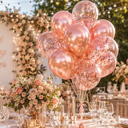AULE Party Balloons Pack of 42 - Metallic Chrome Rose Gold Balloons and Rose Gold Confetti Latex Helium Balloons With 64ft Ribbons - 12 Inch Balloon Decoration Kit - color: Rose Gold