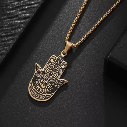 Classic Stainless Steel Devil's Eye Hand of Fatima Pendant Necklace for Men and Women Fashion Exorcism Amulet Jewelry Gift - color: golden