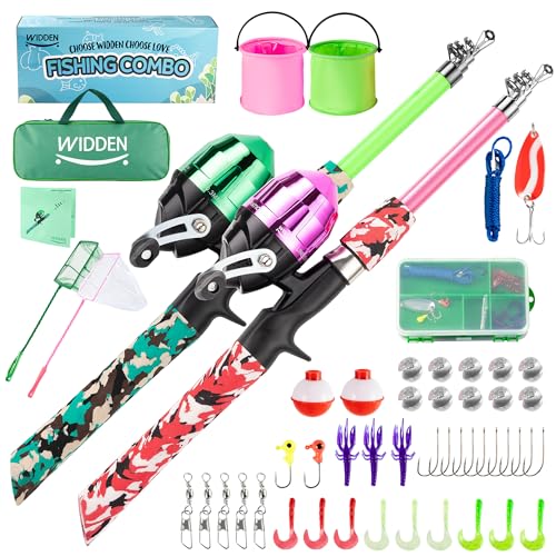 WIDDEN Kids Fishing Pole, Portable Telescopic Kids Fishing Poles for Boys and Girls, Fishing Rod and Reel Combo Kit with Tackle Box, and Fishing Net, Best Fishing Pole for Toddler Youth - color: Pink+Green
