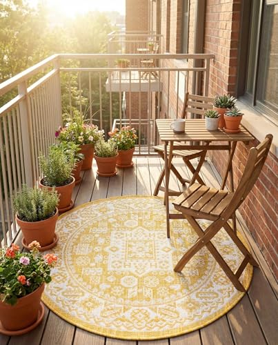 Rugs.com - Outdoor Aztec Rug – 3 Ft Round Yellow Indoor/Outdoor Rug – Weather-Resistant Flatweave Decor for Patios, Decks, and Porches - color: Yellow, size: 3'3" (Round)