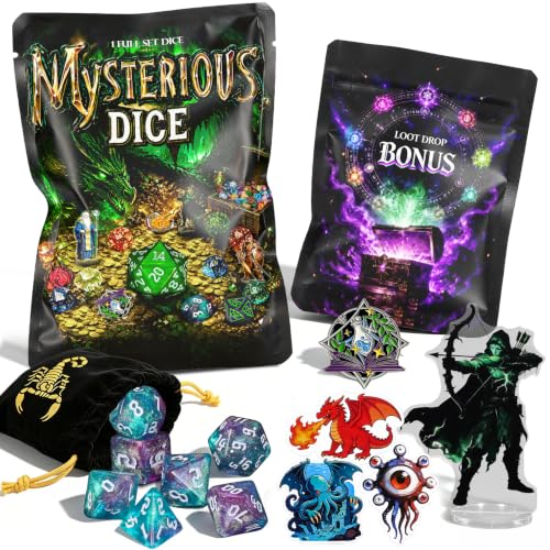 QMAY Mystery D&D Dice Set – 7 Polyhedral RPG Dice with Bonus Loot - style: 1 bag Acrylic Dice + Bonus