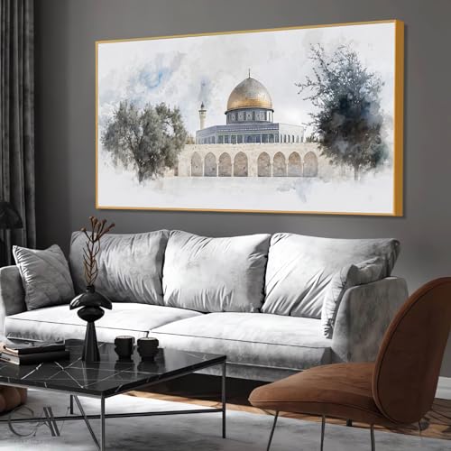 Canvas Wall Art - Aqsa Mosque with Olive Trees, Masjid Aqsa Canvas Print, Islamic Wall Art, Kaaba Wall Decor, Muslim Poster, Religious Print Art, Home Wall Decor (Gold Framed, 39"x19"|100x50cm) - color: Gold Framed, size: 39L"x19W"