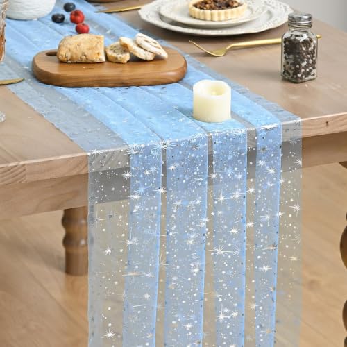 Artoid Mode Silver Stars Light Bule Gauze Table Runner 120 Inch 10FT, Reversible Glitter Sheer Dining Wedding Holiday Birthday Table Decor for Home Party - color: Bule Silver, size: 28" x 120"
