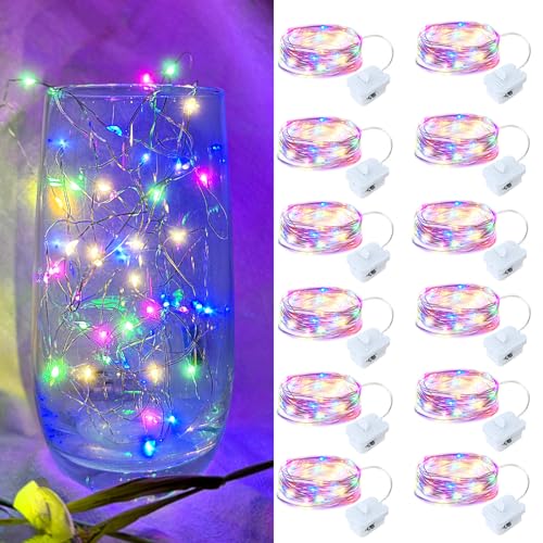 12 Pack Led Fairy Lights - Mutilcolor, Battery Operated LED Silver Wire String Lights, 7FT 20LED Mini Firefly Starry String Lights Waterproof Led Twinkle Lights for Mason Jar DIY Christmas Decor - color: Colorful