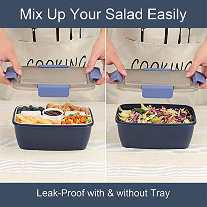 Caperci Large Salad Container Bowl for Lunch - Better Adult Bento Lunch Box 68 oz, 5-Compartment Tray, 2pcs 3-oz Sauce Cups, Stackable, BPA-Free (Navy) - color: Navy