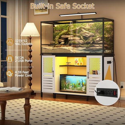 BREEZEHEAT Fish Tank Stand with Power Outlet, LED Light, 1250lbs Capacity, Heavy Duty Metal 55-75 Gallon Aquarium Stand with Cabinet, Terrarium stand Suitable for Turtle & Reptile Tank, White