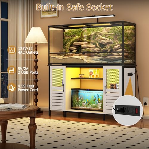 BREEZEHEAT 75 Gallon Fish Tank Stand with Power Outlet, LED Light, 1250lbs Capacity, 55-75 Gallon Heavy Duty Metal Aquarium Stand with Cabinet, Terrarium stand Suitable for Turtle & Reptile Tank, White