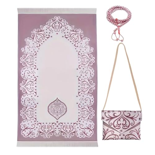 Islamic Prayer Mat with Beads and Compact Bag, Portable Travel Mat for Eid Ramadan Gifts for Women Men