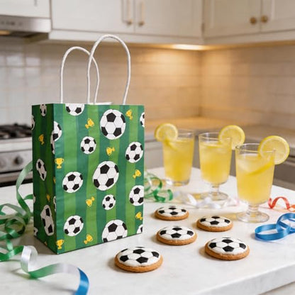 LAOREI 12 Pcs Soccer Goodie Bags, Green Soccer Party Favor Bags with Handles, Paper Gift Bags Soccer Themed Party Gift Bags for Birthday Party Soccer Party Supplies - color: Green