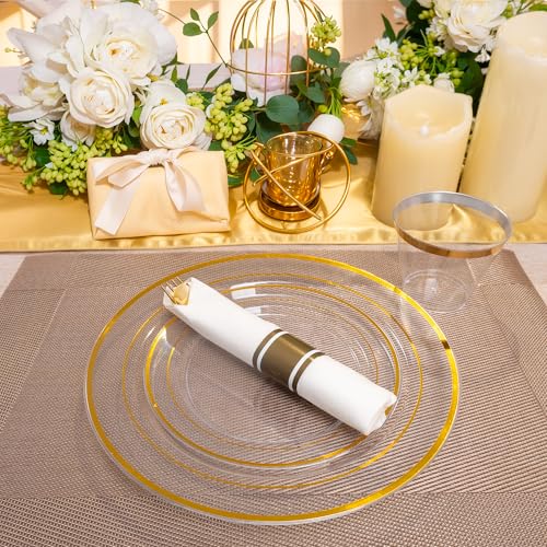 175PCS Clear Gold Plastic Dinnerware Set for 25 Guests, Fancy Disposable Plates for Party, Include: 25 Dinner Plates, 25 Dessert Plates, 25 Pre Rolled Napkins with Gold Silverware, 25 Cups - color: Clear and Gold