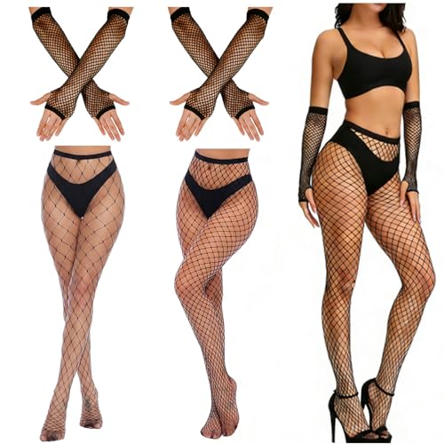 Fizzlup Fish Nets Leggings and Fishnet Arm Sleeves Set for Womens Costumes Black Mesh Tights High Stockings Gloves