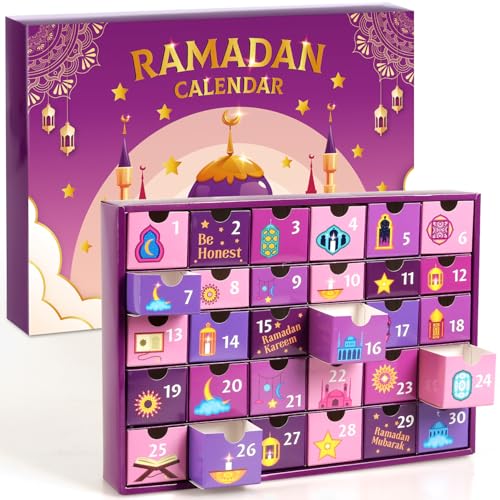 MOVINPE Ramdan Calendar with Drawers 2026 Ramadan Gifts for Kids, 30 Pre-Assembled Empty Boxes Eid Mubarak Coutdown Calendar Fillable Islamic Art Gift Box, Ramadan Party Supplies (Purple) - color: Purple
